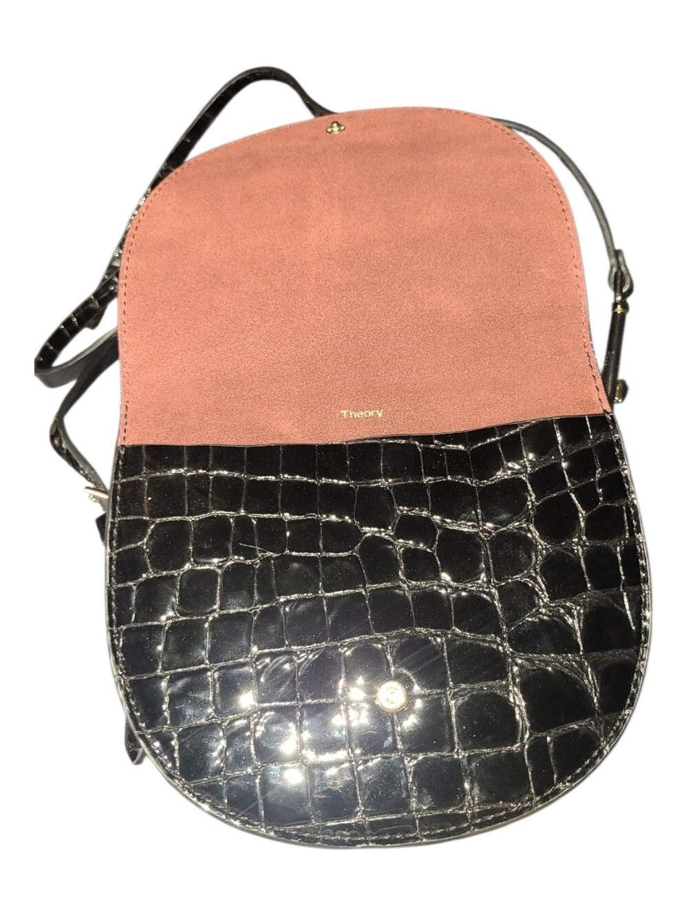 Theory Whitney Black Leather Crossbody Gold Hoop - Rare Crocodile Effect - Picture 8 of 12